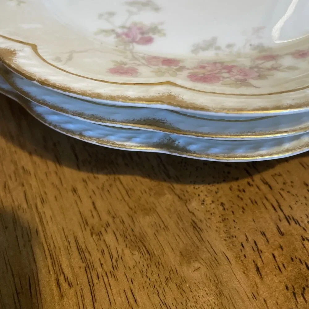 3 Antique Haviland Limoges Luncheon Plates Roses Gold Trim 8.5”
